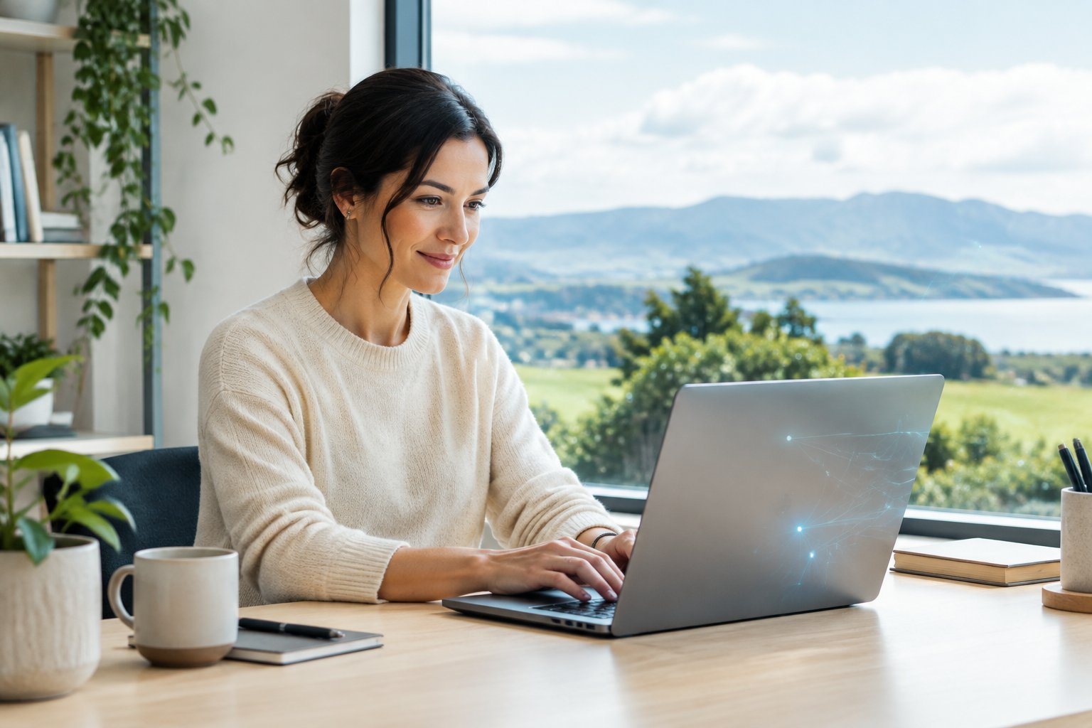 A business owner works on a laptop in a modern office overlooking a green New Zealand landscape.